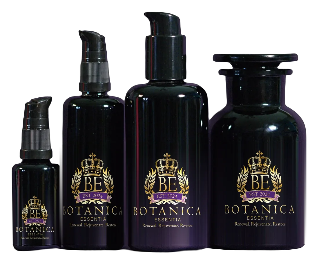 Four Botanica Essentia vessels in violet glass: three pump bottles and an apothecary jar